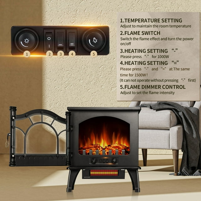 Auseo Electric Fireplace Infrared Stove Heater, 20" Freestanding Fireplace Heater, 3D Realistic Flame Effects, Adjustable Brightness and Heating Mode, Overheating Safe Design, 1000W/1500W, Black