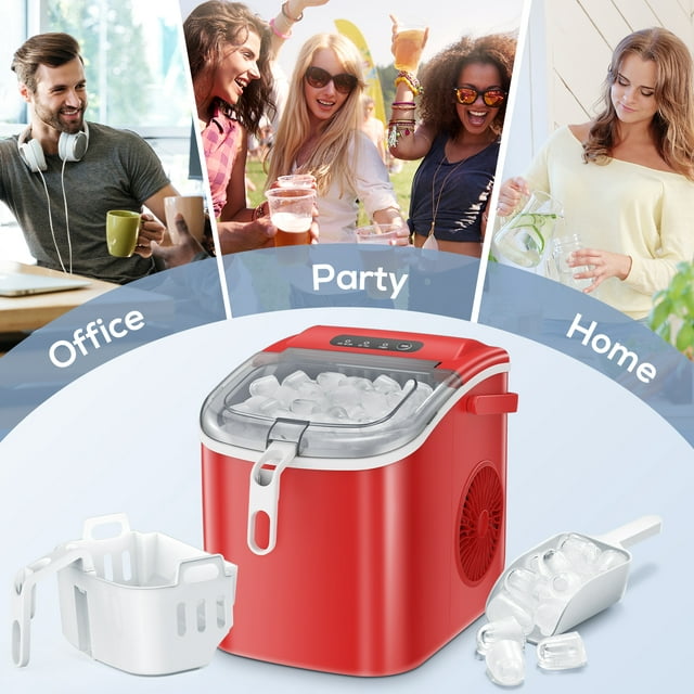 Auseo Countertop Ice Maker Portable Ice Machine, Basket Handle,Self-Cleaning Ice Makers, 26Lbs/24H, 9 Ice Cubes Ready in 6 Mins, S/L ice, for Home Kitchen Bar Party (Red)