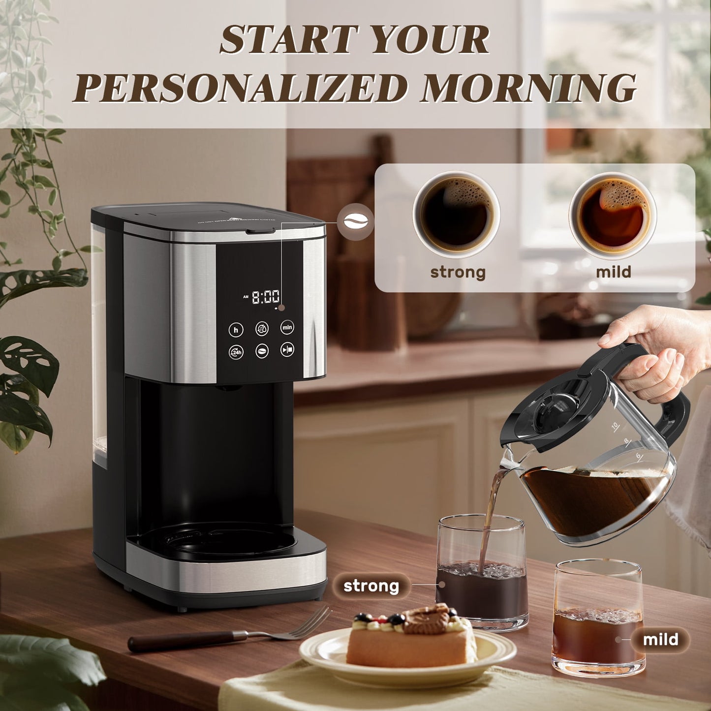 Auseo 10-Cups Programmable Drip Coffee Maker with Glass Carafe, 2 Coffee Strength Options, Time Control, Warming Function for Home