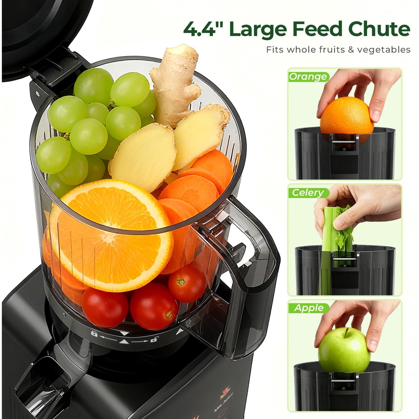 Auseo Cold Press Juicer Machine, 4.4" Wide Feed Chute Juicer, Slow Masticating Juicer Machine for Whole Vegetables & Fruits, High Juice Yield, Easy to Assemble & Clean, One-touch Digital Touch Panel