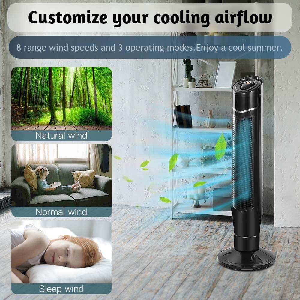 Auseo Tower Fan, Standing Fan Oscillating, Room Fan, Portable Bladeless, Quiet Floor Fan with Remote, 6 Speeds, 3 Modes, 24H Timer for Bedroom, and Home Office Use, (40-inch, BLACK)