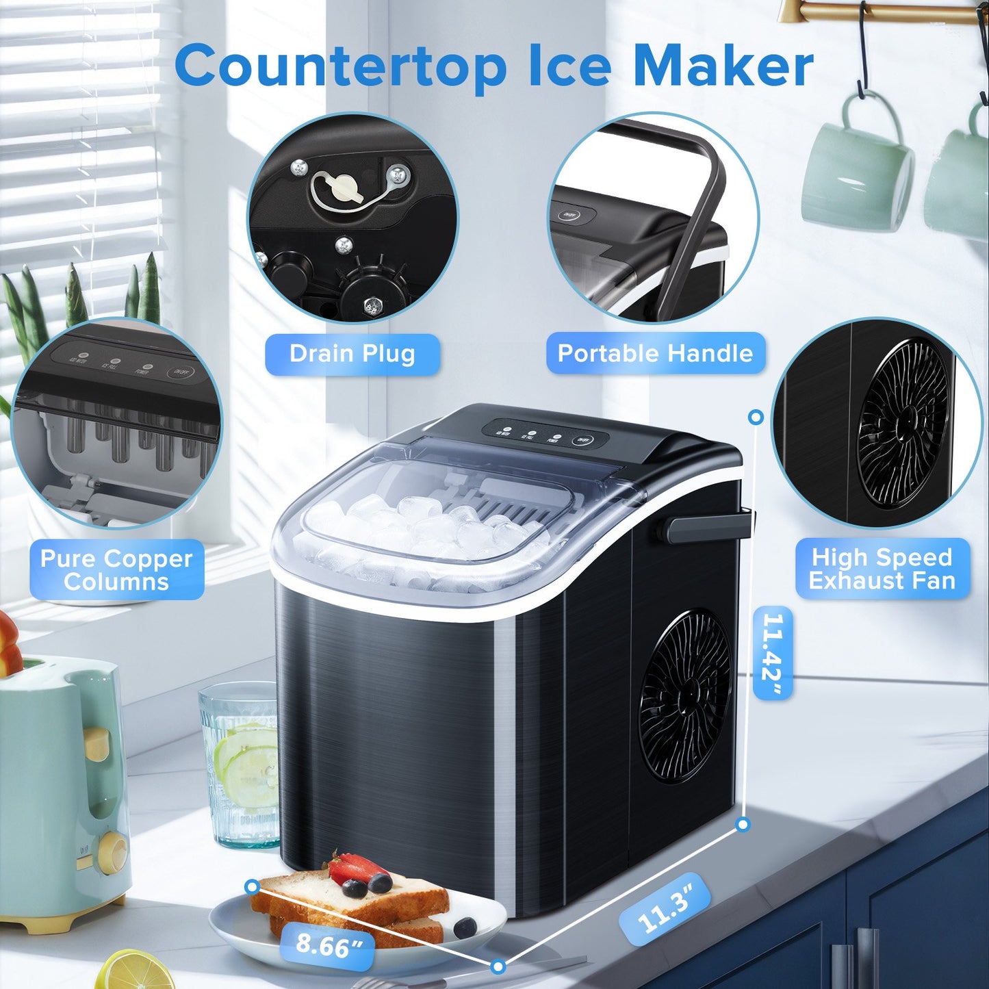 Auseo Portable Ice Maker Countertop, 9Pcs/8Mins, 26lbs/24H, Self-Cleaning Ice Machine with Handle for Kitchen/Office/Bar/Party, Stainless Steel Black