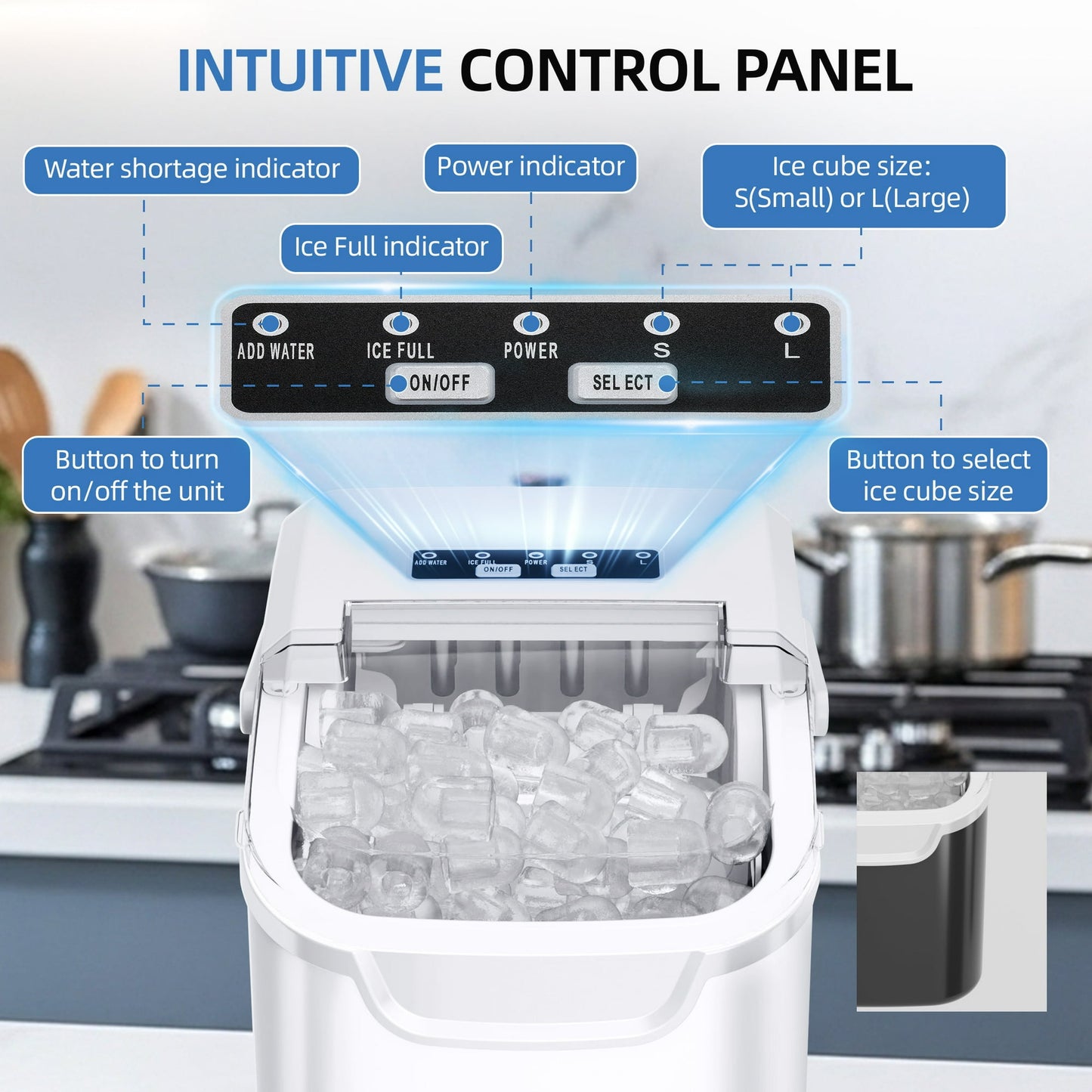 Auseo Countertop Ice Maker, 2 Sizes of Bullet Ice, 26Lbs/24H, 8 Ice Cubes in 6 Mins, Portable Ice Machine with Self-Cleaning for Home/Party/Travel/Camping (White)