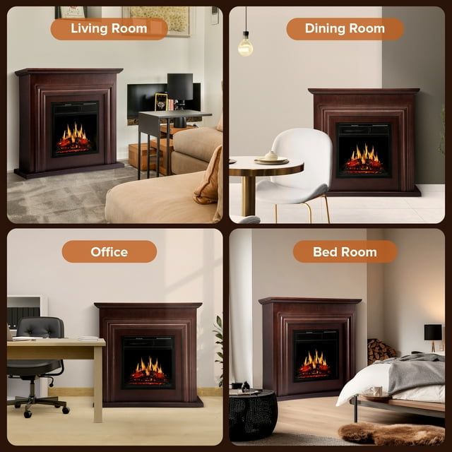 Auseo Electric Fireplace Mantel Wooden Surround Firebox, Free Standing Fireplace, with Remote Control, Adjustable LED Flame, 750W/1500W -（Brown）