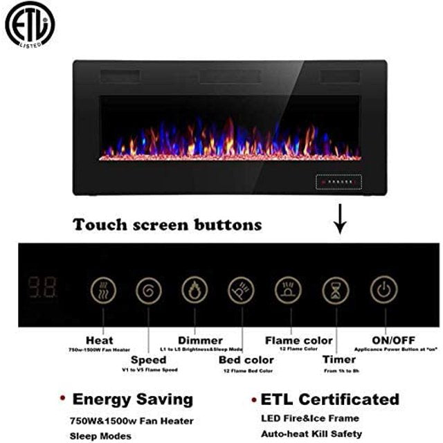 Auseo 42 inch Recessed and Wall Mounted Fireplace, Low Noise, Fit for 2 x 6 and 2 x 4 Stud, Remote Control with Timer, Touch Screen, Adjustable Flame Speed