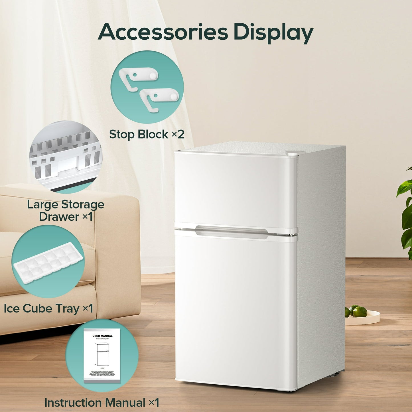 Auseo 2 Door 3.2 Cu.Ft Mini Fridge Adjustable Temperature Refrigerators with Removable Shelves, Suitable for Home/Kitchen/Office/Dorm, White