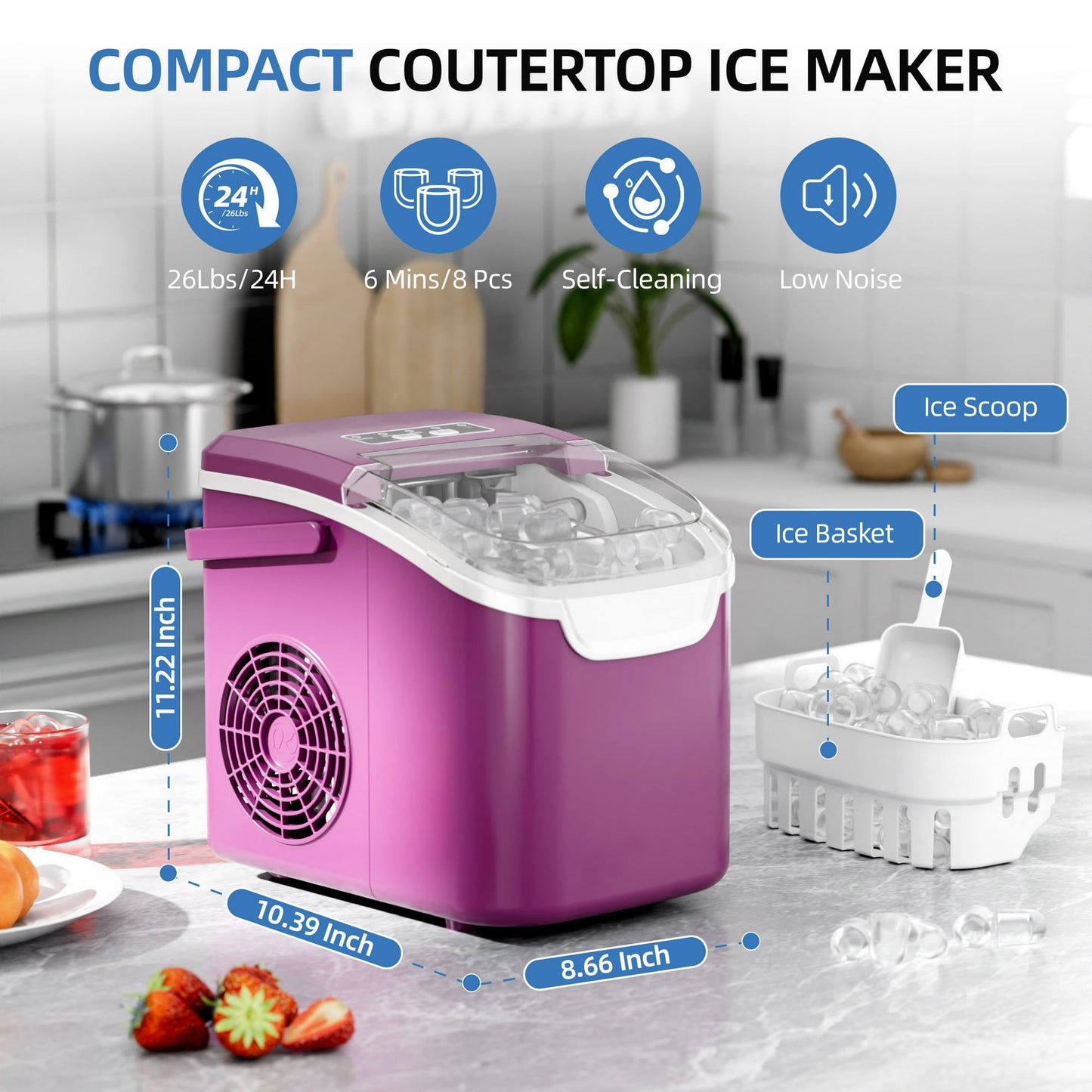 Auseo Countertop Ice Maker, 2 Sizes of Bullet Ice, 26Lbs/24H, 8 Ice Cubes in 6 Mins, Portable Ice Machine with Self-Cleaning for Home/Party/Travel/Camping (Light Purple)