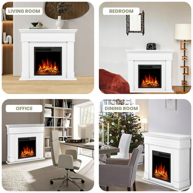 Auseo Electric Fireplace Mantel Package Wooden Surround Firebox TV Stand Free Standing Electric Fireplace Heater with Logs, Adjustable Led Flame, Remote Control, 750W-1500W, White