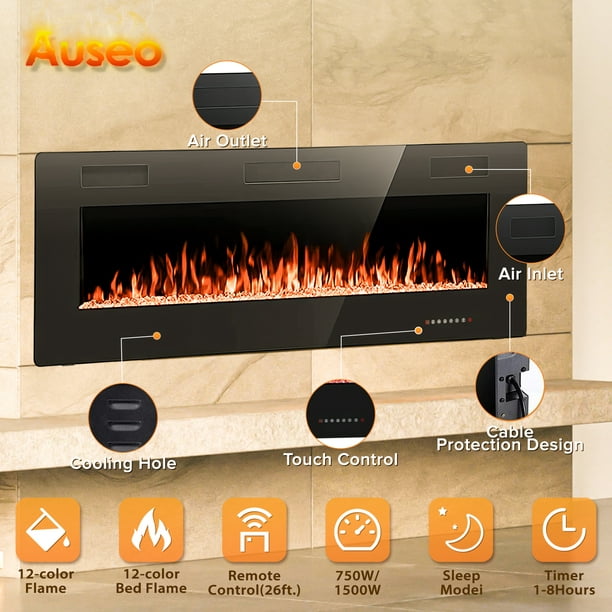 Auseo 50 inch Embedded Wall Mounted Indoor Electric Fireplace, Ultra-thin Low Noise Lightweight LED Fireplace Heater, Touch Screen, Timer, 1500W, Adjustable Flame Color and Speed, Black