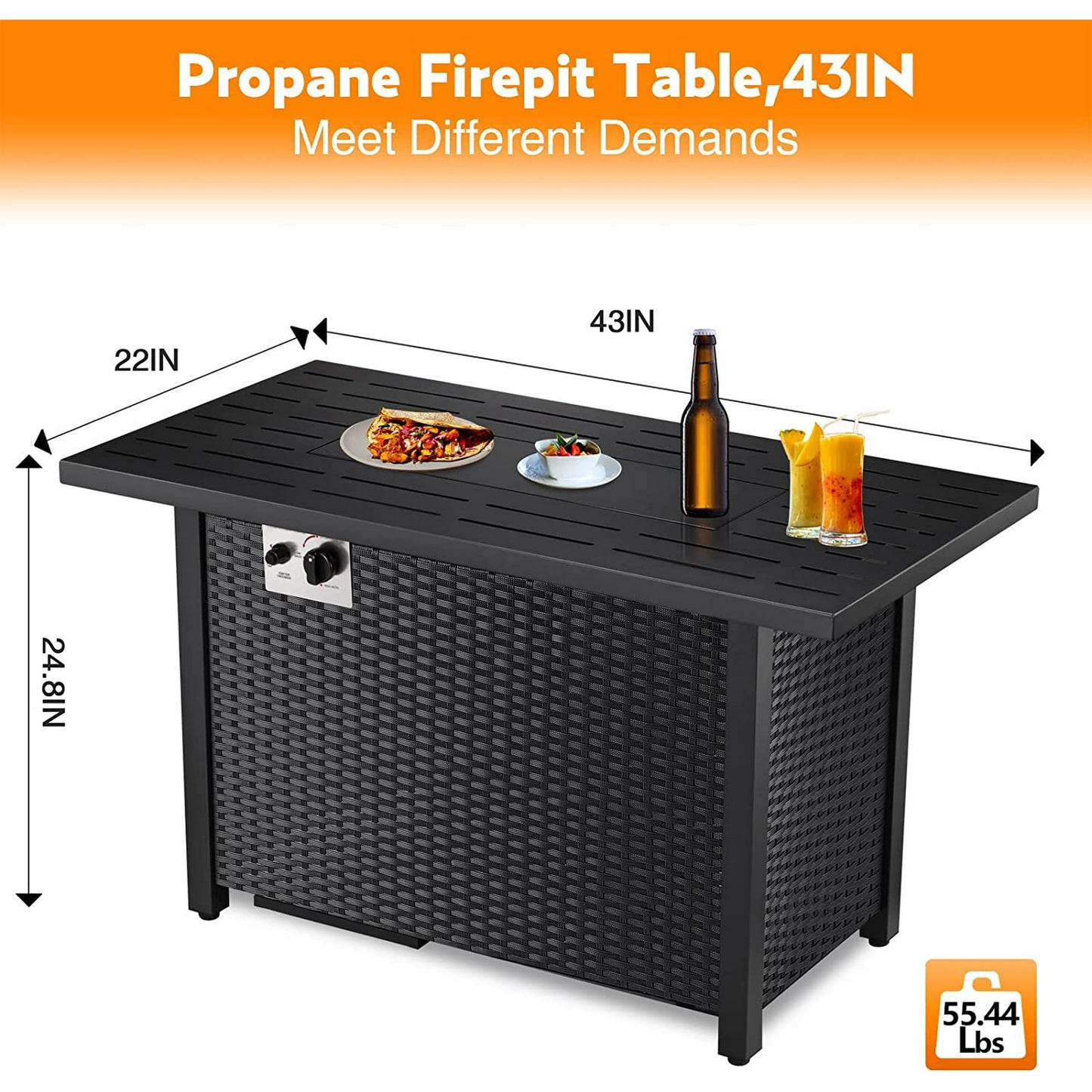 Auseo 44in Wicker Propane Fire Pit Table - Square Metal Firepit with Lava Rocks and Glass Wind Guard for Picnic, 50000 BTU