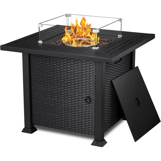 Auseo Rattan Fire Pit Table 32in Square Metal Firepits- Propane Fire Pit Table with Lava Rocks, Glass Wind Guard Steel Fire Pit Table for Picnic, 50000 BTU