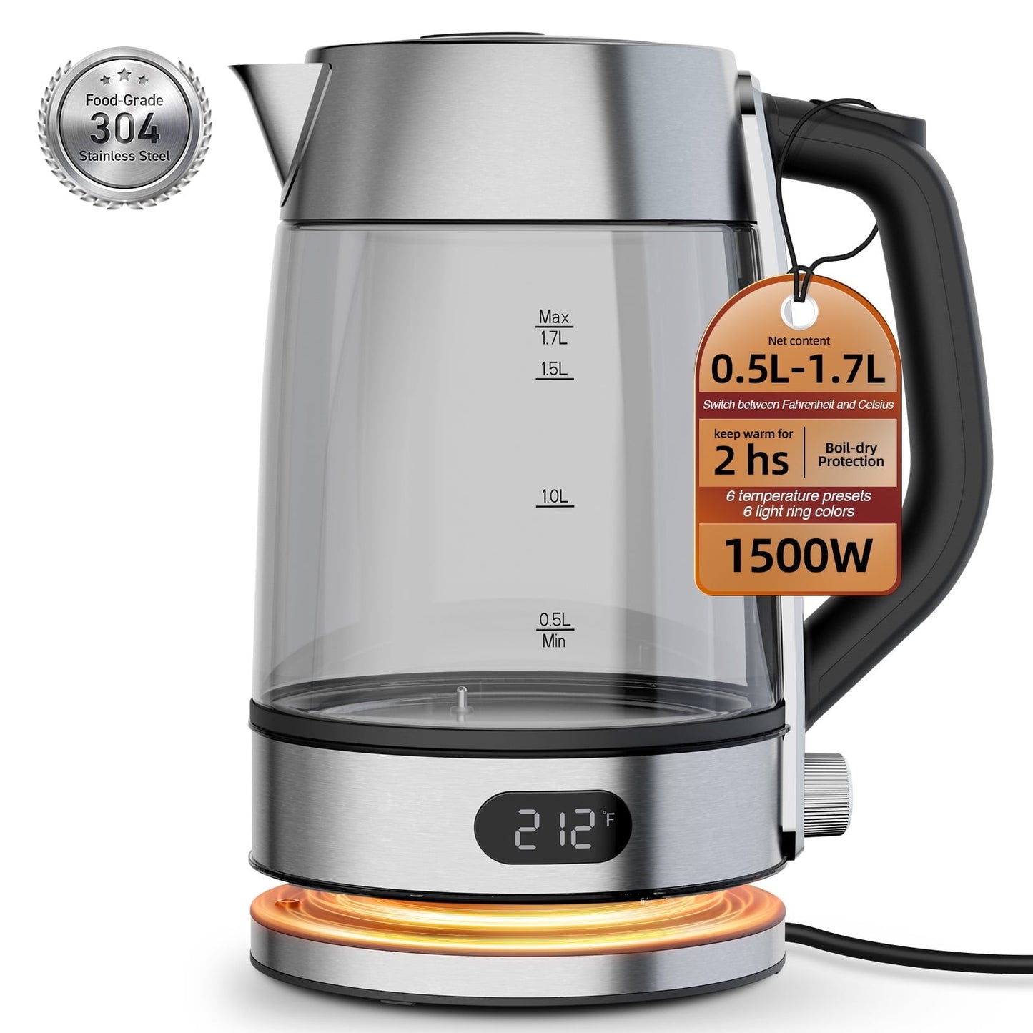 Auseo 1.7L Electric Glass Kettle, 1500W Fast-Boil, LED Indicator Light, Keep Warm, Coffee Pot with Automatic Shutoff, Electric Kettle For Coffee & Tea, Stainless Steel