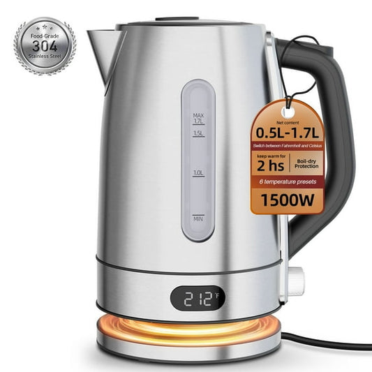 Auseo 1.7L Stainless Steel Electric Kettle, 1500W Fast-Boil, Auto Shut-Off, Keep Warm, Boil Dry Protection, Electric Kettle For Coffee & Tea, Stainless Steel