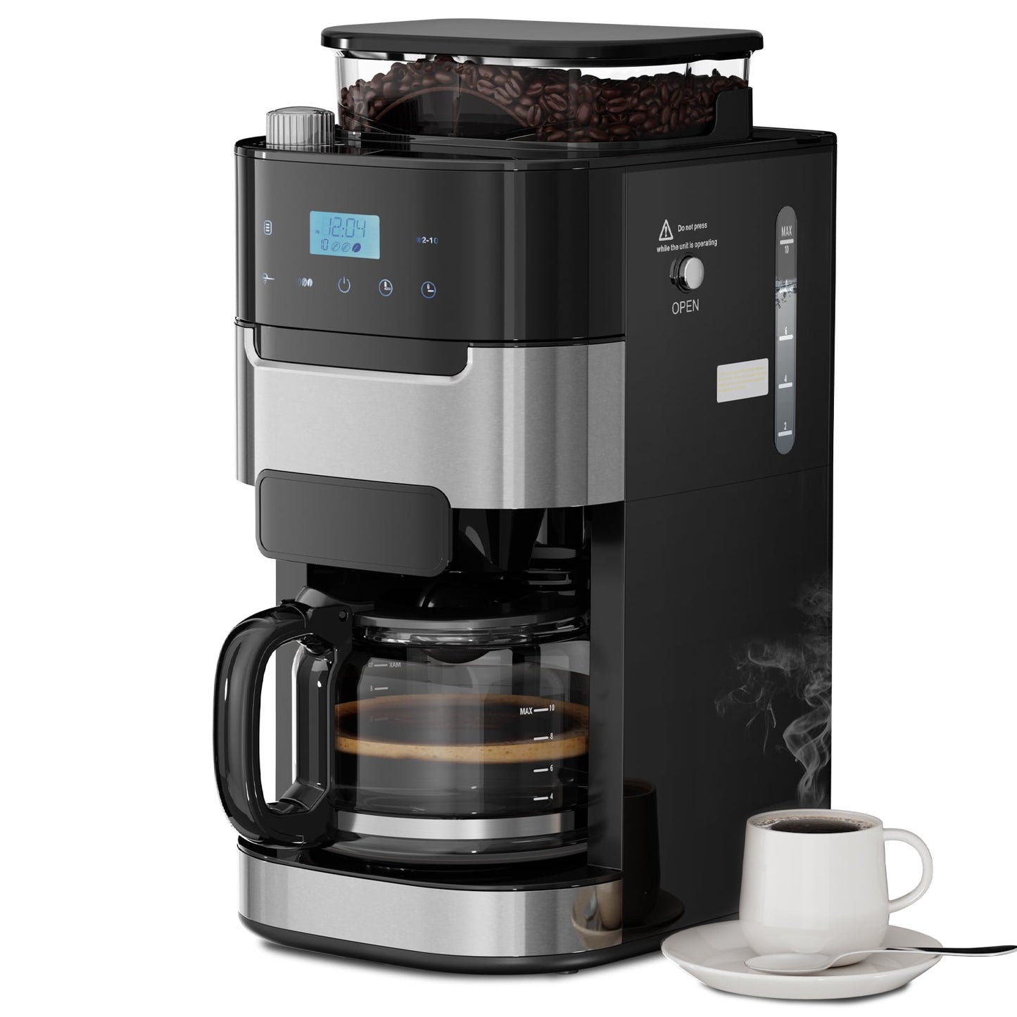 Auseo 10-Cup Drip Coffee Maker with Grinder, Automatic Brew, 3 Brew Strength Options, Warming Plate, Touch Screen, 1.5L Water Tank, Removable Filter for Home
