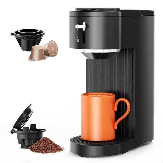 Auseo Single Serve Coffee Maker, K Cup Compatible & Ground Coffee, 6 to 14 oz Brew Sizes, One-Press Fast Brewing, Reusable Filters, Adjustable Funnel Height, for Home/Office/Travel, Black