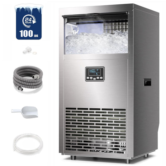 Auseo 100Lbs/24H Commercial Ice Maker, Under Counter Ice Machine with 33 lb. Storage Bin, Self-Cleaning & Adjustable Thickness, Stainless Steel