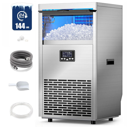 Auseo 144Lbs/24H Commercial Ice Makers, Under Counter Ice Machine with 29 lb.Storage Bin, Self-Cleaning & Adjustable Thickness, Stainless Steel