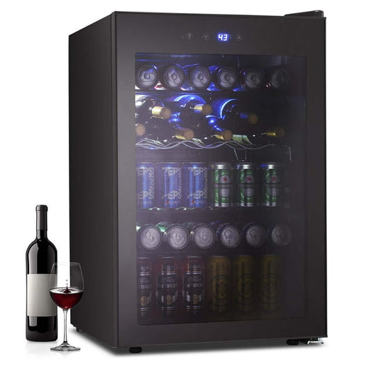 Auseo 145 Cans Beverage Refrigerator Cooler, Black Glass Door, Adjustable Shelf, Bar/Office/Home, Black
