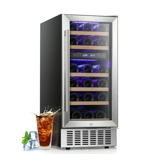 Auseo 15" Wine Cooler, Freestanding Beverage Refrigerator, 28 Bottle, Stainless Steel, Double Tempered, Glass Door