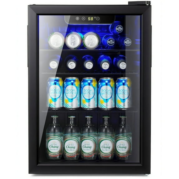 Auseo 2.7 Cu.Ft. Refrigerator Beverage Cooler - 85 Cans, Glass Door, for Soda Beer or Wine, Small Beverage Dispenser for Home/Office/Bar - Black