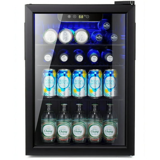 Auseo 2.7 Cu.Ft. Refrigerator Beverage Cooler - 85 Cans, Glass Door, for Soda Beer or Wine, Small Beverage Dispenser for Home/Office/Bar - Black