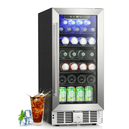 Auseo 2.9 Cu.ft Beverage Refrigerator Cooler - Wine Cooler Beverage Center Quick Cooling System with a Lock 115V 60Hz for Home&Bar, 15 Inch, Silver