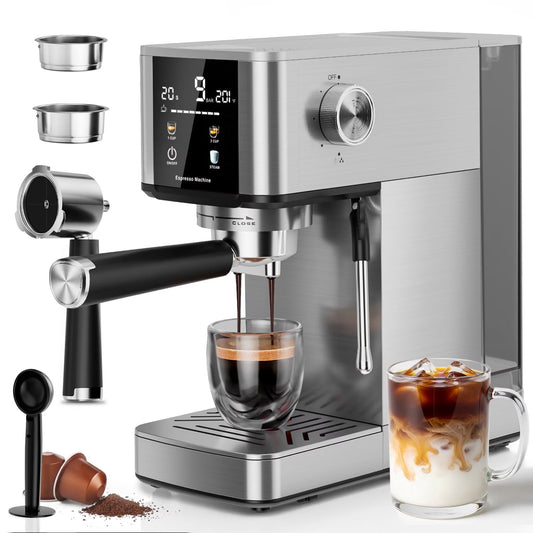 Auseo 20 Bar Coffee Maker with Color Touchscreen, Espresso Machine with Milk Frother Steam Wand, 1.4L Removable Water Tank, Stainless Steel Cappuccino & Latte Maker