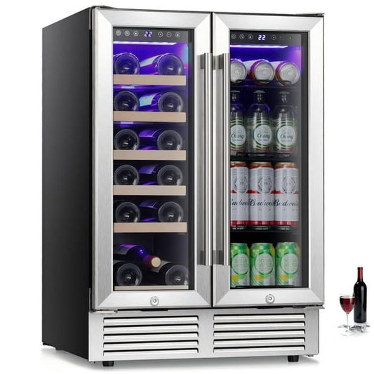 Auseo 24 inch Beverage Refrigerator, 18 Bottle 62 Can Built-In /Dual Zone Wine Fridge,Beer Cooler with Touch Control & Safety Lock for Home/Bar/Office