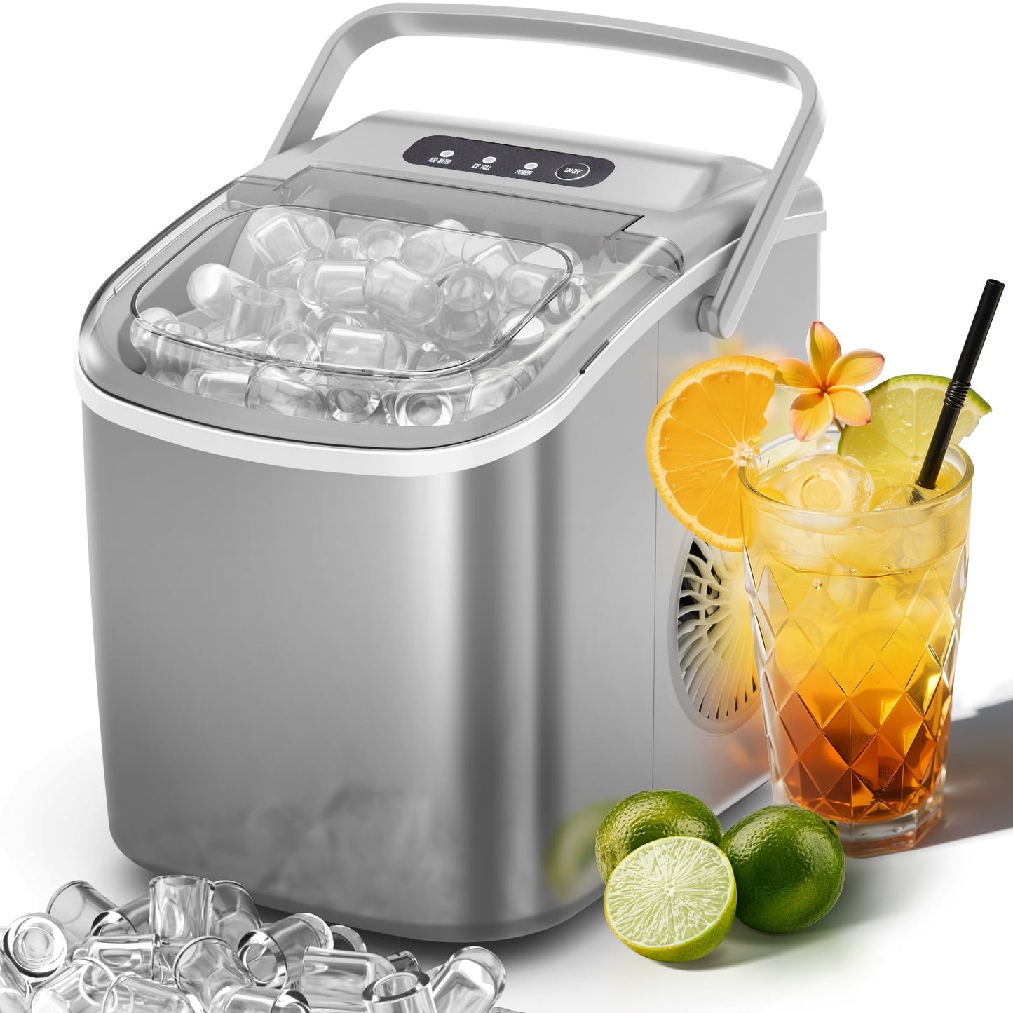 Auseo 26 lbs/24H Countertop Ice Maker Machine, 9 Bullet-Shaped Ice in 6 Min, Auto-Cleaning, Grey