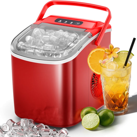 Auseo 26 lbs/24H Countertop Ice Maker Machine, 9 Bullet-Shaped Ice in 6 Min, Auto-Cleaning, Red