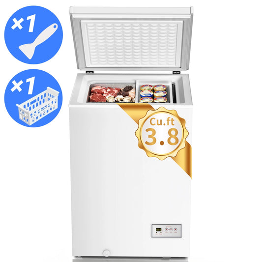 Auseo 3.8 Cu.Ft Chest Freezer Low Temperature Freezer with Removable Basket,Free Standing Top open Door Deep Freezer, Adjustable Temperature for Home, Basement, Kitchen, White