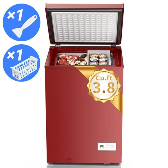 Auseo 3.8 Cu.Ft Chest Freezer Low Temperature Freezer with Removable Basket,Free Standing Top open Door Deep Freezer, Adjustable Temperature for Home, Basement, Kitchen, Red