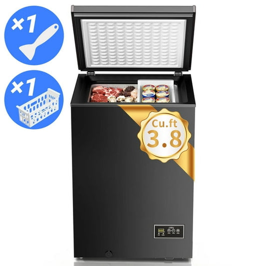 Auseo 3.8 Cu.Ft Chest Freezer Low Temperature Freezer with Removable Basket,Free Standing Top open Door Deep Freezer, Adjustable Temperature for Home, Basement, Kitchen, Black