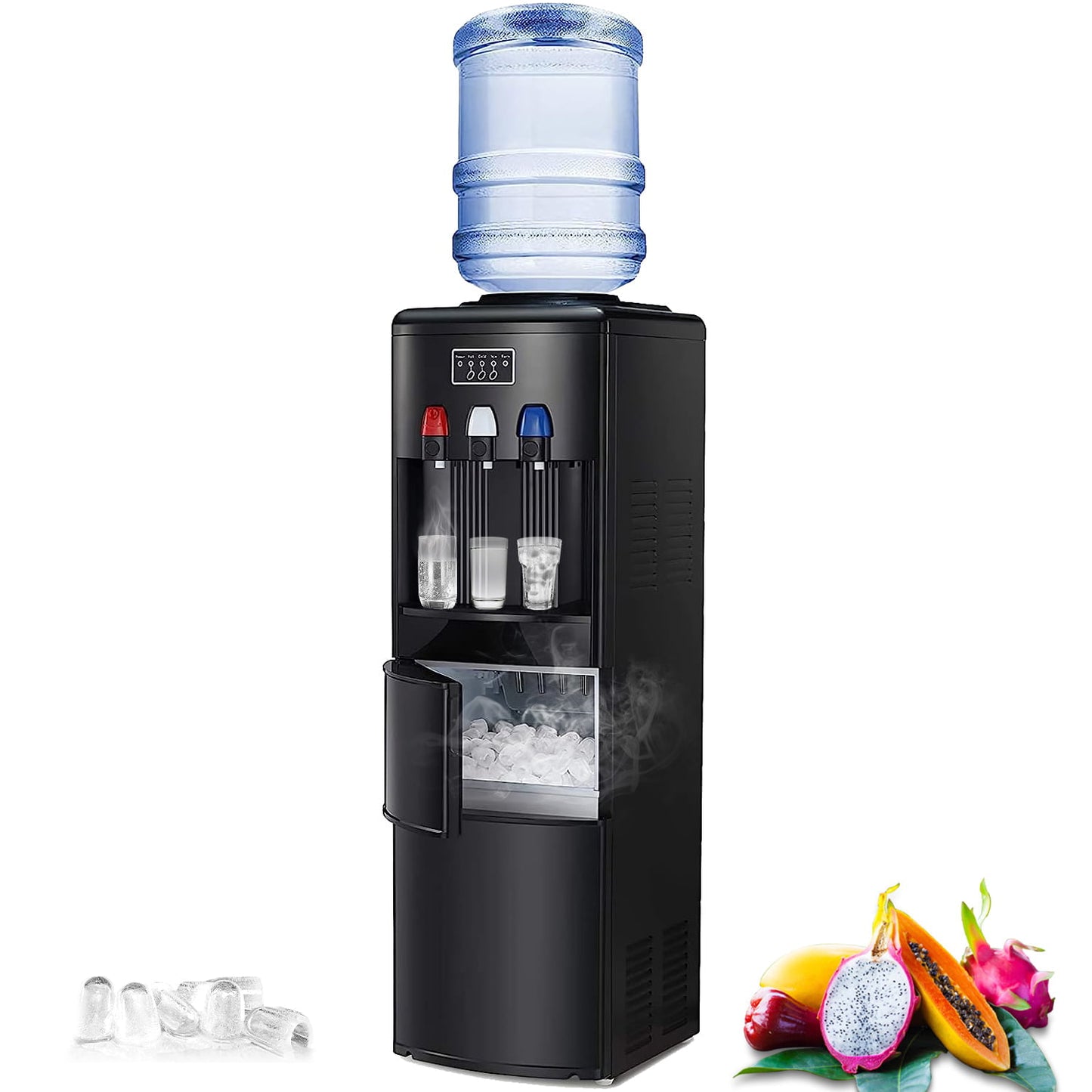 Auseo 3-in-1 Water Cooler Dispenser with Built-in Ice Maker, Top Loading Water Coolers with 3 Temperature Settings, 5 Gallon Bottle, Child Lock, 27Lbs/24H Ice Maker Machine-Black