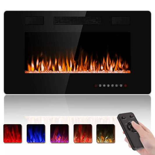 Auseo 30 inch Embedded Wall Mounted Indoor Electric Fireplace, Ultra-thin Low Noise Lightweight LED Fireplace Heater, Touch Screen, Timer, 1500W, Adjustable Flame Color and Speed, Black