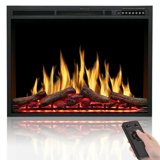 Auseo 34 Inch Electric Fireplace Insert, Three 3D Color, Timer&Remot Control, Adjustable Flame Speed, Touch Screen, 750W/1500W