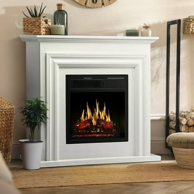 Auseo 36" Freestanding Electric Fireplace with Wood, White Mantel, Remote Control, For Rooms up to 400 Sq.Ft. Adjustable LED Flame & Heating Settings, -（White）