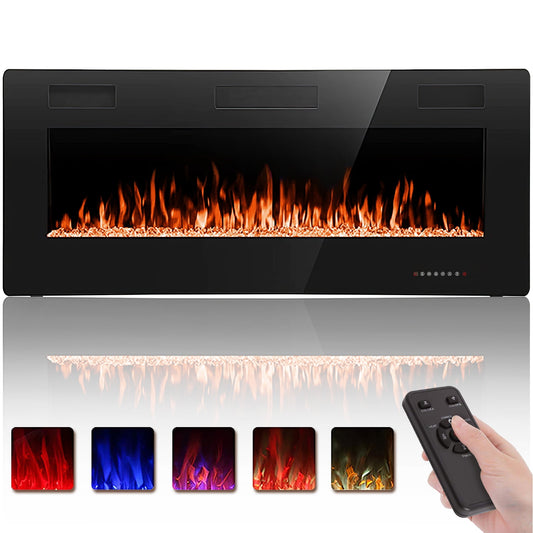 Auseo 42 inch Embedded Wall Mounted Indoor Electric Fireplace, Ultra-thin Low Noise Lightweight LED Fireplace Heater, Touch Screen, Timer, 1500W, Adjustable Flame Color and Speed, Black