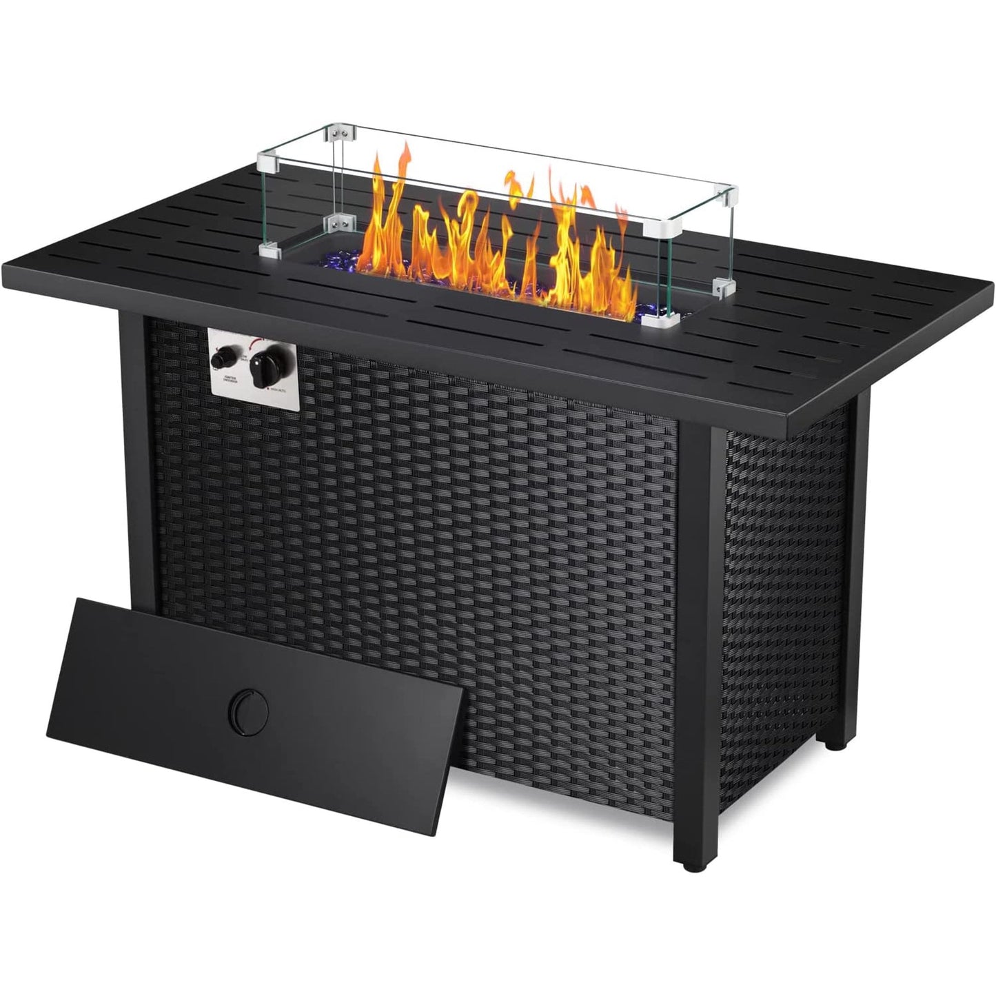 Auseo 44in Wicker Propane Fire Pit Table - Square Metal Firepit with Lava Rocks and Glass Wind Guard for Picnic, 50000 BTU