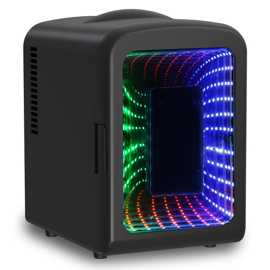 Auseo 4L Mini Fridge Personal with LED, Portable Cooler & Warmer for Bedroom, Office, Car, Small Refrigerator for Skincare, Drinks & Gaming Room, AC/DC Powered, Black