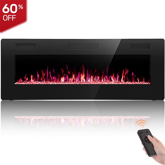 Auseo 50 inch Embedded Wall Mounted Indoor Electric Fireplace, Ultra-thin Low Noise Lightweight LED Fireplace Heater, Touch Screen, Timer, 1500W, Adjustable Flame Color and Speed, Black