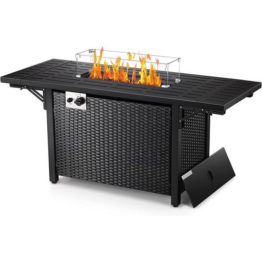 Auseo 55in Propane Fire Pit Table - Foldable Wicker Design - Lava Rocks & Glass Wind Guard - 50000 BTU