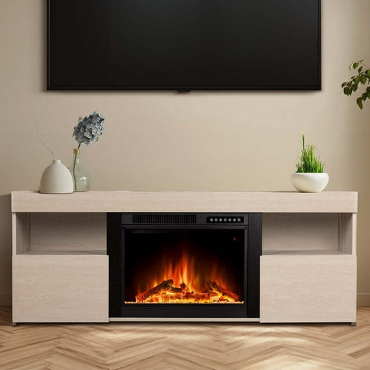 Auseo 60'' Freestanding Electric Fireplace with Log Insert, Remote Control, Walnut Mantel, Adjustable 3D Flame for Rooms up to 400 Sq.Ft. Large Storage - LIGHTOAK