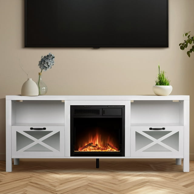 Auseo 60'' Freestanding Electric Fireplace with Log Insert, Remote Control, Walnut Mantel, Adjustable 3D Flame for Rooms up to 400 Sq.Ft. Large Storage - White