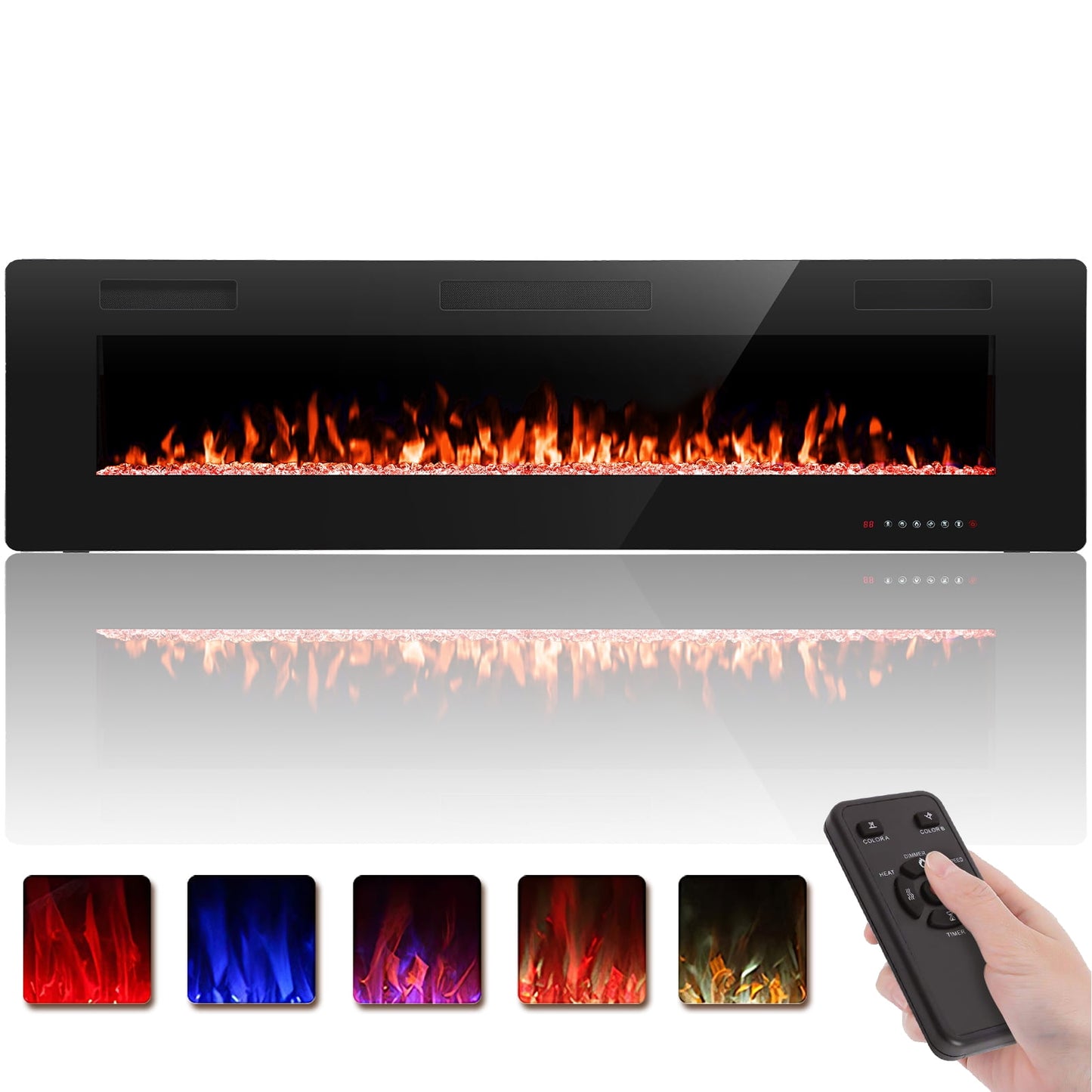 Auseo 68 inch Embedded Wall Mounted Indoor Electric Fireplace, Ultra-thin Low Noise Lightweight LED Fireplace Heater, Touch Screen, Timer, 1500W, Adjustable Flame Color and Speed, Black