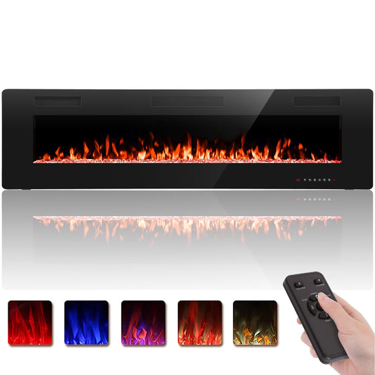 Auseo 68 inch Embedded Wall Mounted Indoor Electric Fireplace, Ultra-thin Low Noise Lightweight LED Fireplace Heater, Touch Screen, Timer, 1500W, Adjustable Flame Color and Speed, Black