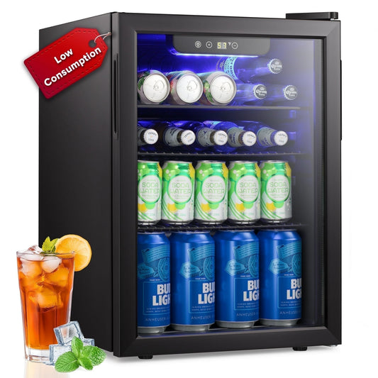 100-Can Beverage Refrigerator with Double Glass Door, Energy Efficient Wine Cooler Mini Fridge, Air Cooled Frost Free for Home/Office/Bar