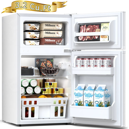 Auseo 2 Door 3.2 Cu.Ft Mini Fridge Adjustable Temperature Refrigerators with Removable Shelves, Suitable for Home/Kitchen/Office/Dorm, White