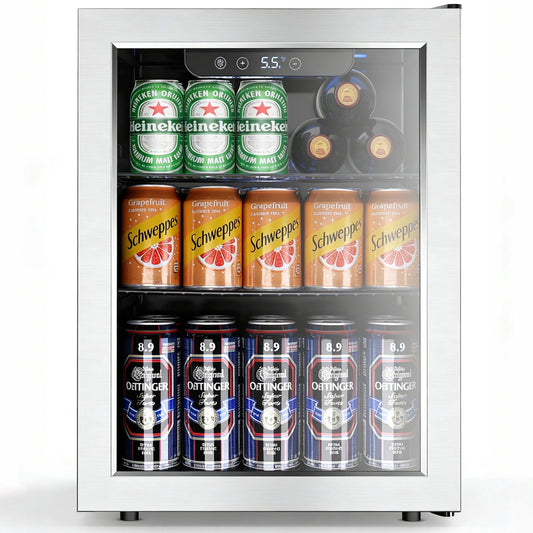Auseo Beverage Refrigerator, 1.7 Cu Ft Mini Fridge with Glass Door - Holds 68 Cans, Digital Control, Quiet Compressor for Home, Bar, or Office - Silver