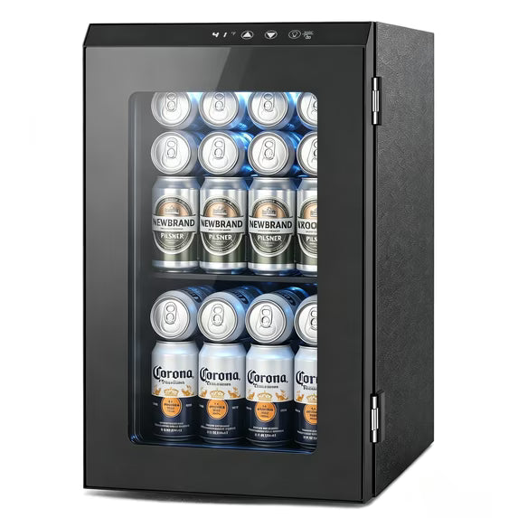 Auseo Beverage Refrigerator 24 Cans Mini Fridge, Portable Wine Cooler Refrigerator with Glass Door, Quiet Compressor Drink Fridge for Bedroom/Office,Black